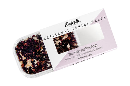 Emirelli Artisanal Halva Dessert – Authentic Middle Eastern Candy Turkish Sweets – Vegan Candy 55%-Tahini Halwa - Halvah Traditional International Sweets - Rose Water and Rose Petal Flavor, Pack of 1