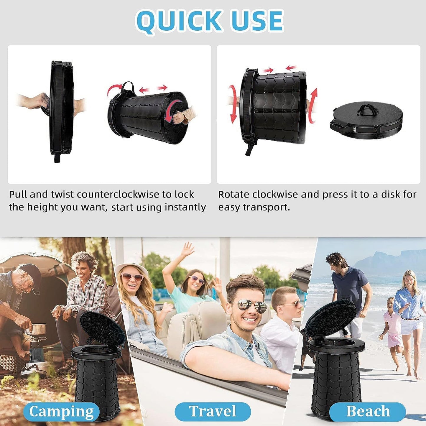 XXL 19.7"H Adjustable Foldable Portable Camping Toilet, Luggable Loo with Lid, Strap,Toilet Bag for Camping, Hiking, Travel and Car