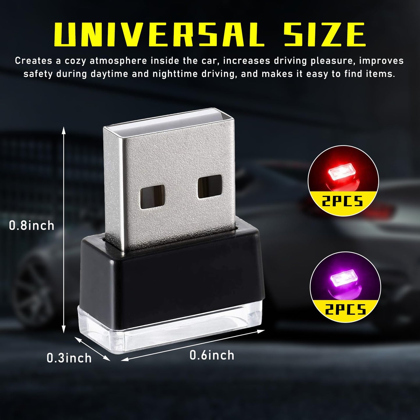 Augeny 4 PCS USB LED Car Interior Atmosphere Lamp, Plug-in USB Decor Night Light, Portable Auto Ambient Lighting Kit, Universal Vehicle Interior Accessories for Most Cars (2 Red+2 Purple)