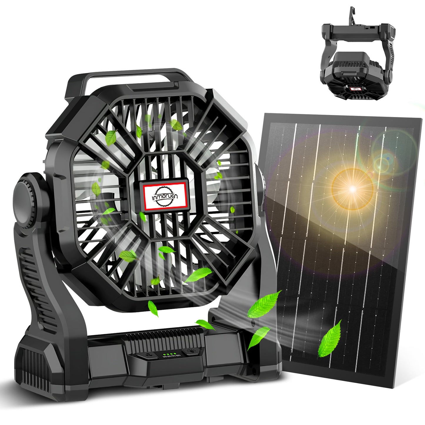 CONBOLA Solar Fans for Outside,Camping Fan, Portable Fans Rechargeable 9-Inch Battery Powered (180Hrs) LED Lantern, USB C Battery Beach Fan.