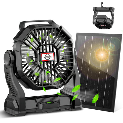 CONBOLA Solar Fans for Outside,Camping Fan, Portable Fans Rechargeable 9-Inch Battery Powered (180Hrs) LED Lantern, USB C Battery Beach Fan.