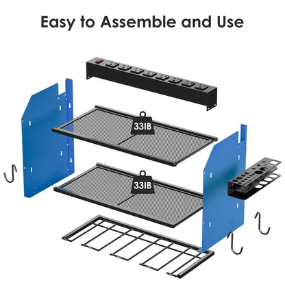 CCCEI Modular Power Tool Organizer Wall Mount with Charging Station. Garage 4 Drill Storage Shelf with Hooks, Screwdriver, Drill Bit Heavy Duty Rack, Tool Battery Holder Built in 8 Outlet Power Strip.