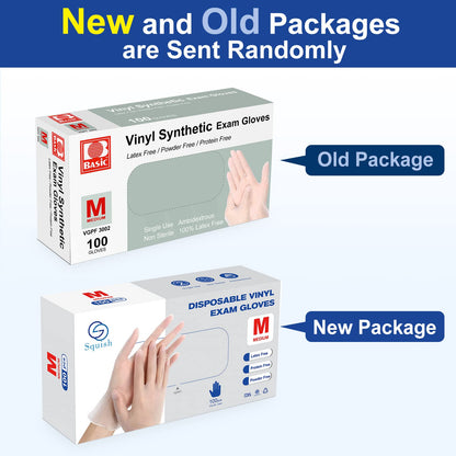 squish Disposable Gloves, 100 Count 4 mil Clear Vinyl Gloves Latex Free Powder-Free Health Glove Cleaning Rubber Glove for Kitchen Cooking Cleaning Food Handling, Medium