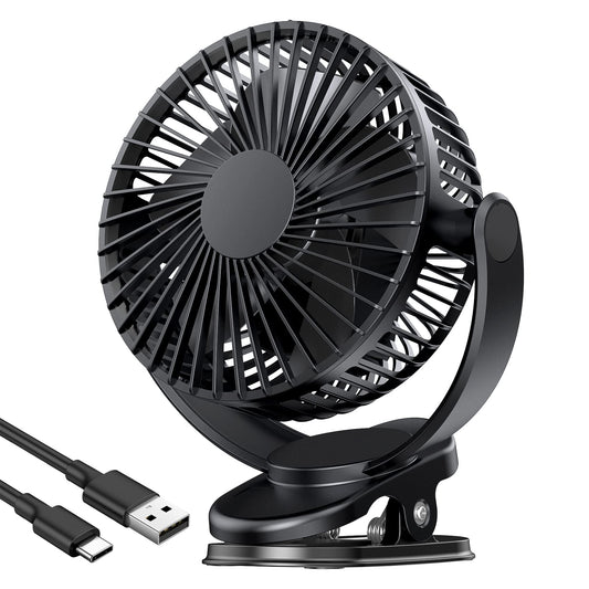 ATEngeus Rechargeable Clip-on USB Desk Fan, 3 Speeds, 5000mAh Battery, 720Rotation, Sturdy Clamp for Home, Camping, Treadmill and Car