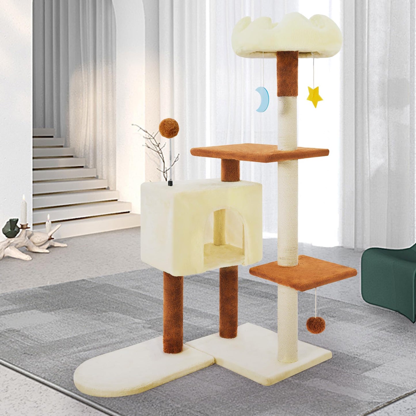 41 Inches Cat Tree Tower with Scratching Post, Tall Cat Trees for Indoor Cats Large Adult, Multi-Level Cozy Plush Cat Houses & Condo Furniture with Top Perch, Cats Climbing Towers(White)