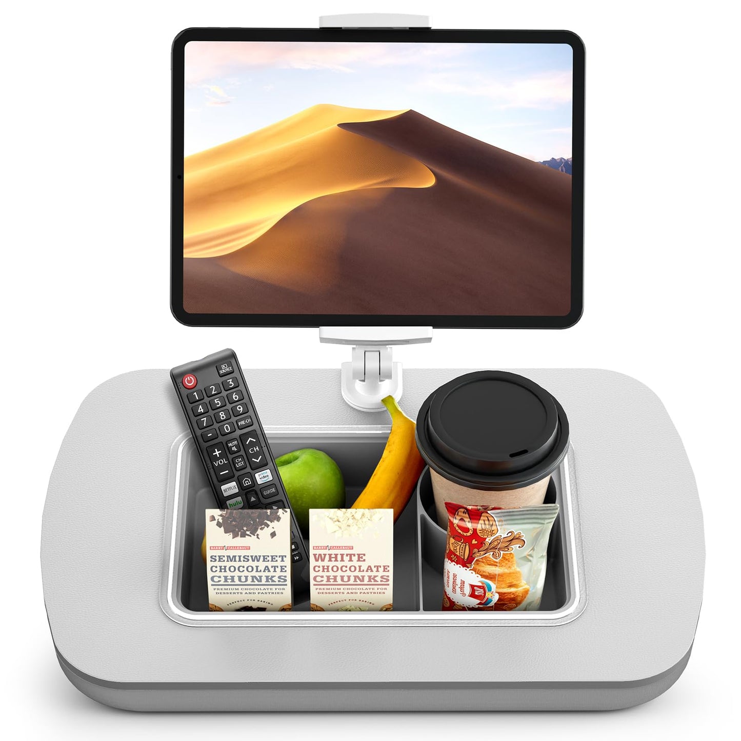 ERGONOV Tablet Stand Pillow with Snack Bowl, iPad Lap Holder for Hands-Free Reading and Relaxation on Bed,Couch,Recliner, 360° Rotating Clip for 4.7-13" Kindle,eBook,Tablet,iPhone (Light Gray)