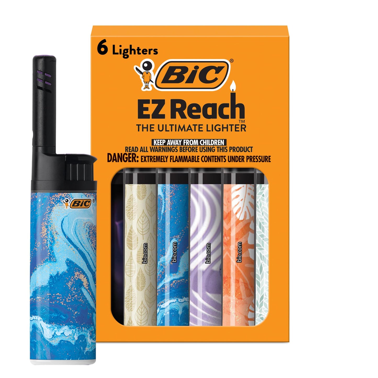 BIC EZ Reach Lighters, Extended Wand, Home Decor Designs, 6-Pack