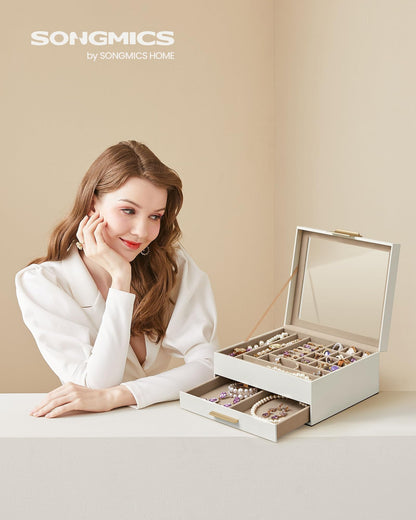 SONGMICS Jewelry Box Organizer with Glass Lid, 2-Layer Jewelry Storage, with 1 Drawer, Modern Style, 8 x 9.1 x 4.1 Inches, Cloud White and Gold Color UJBC174W01