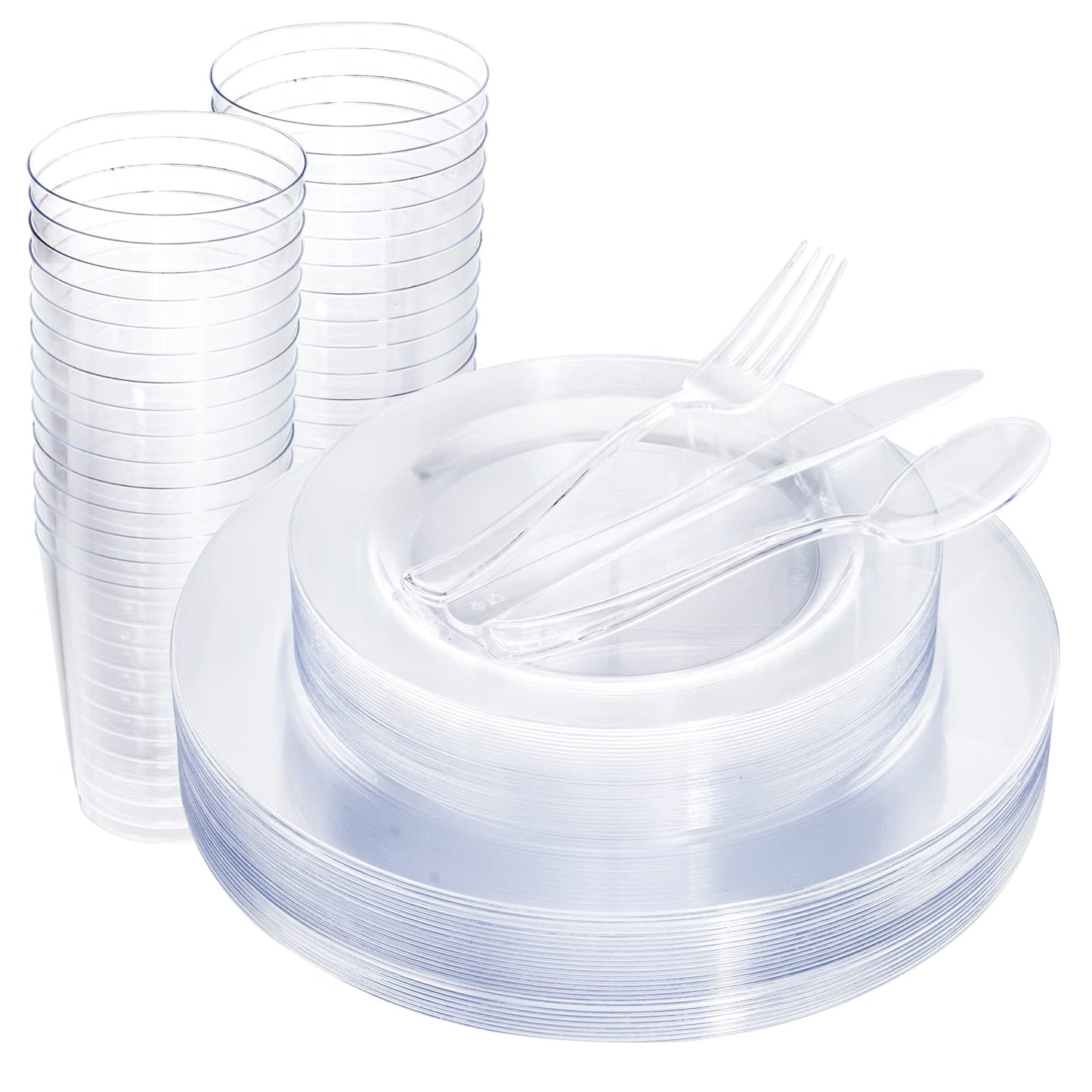 WDF 25 Guest Clear Plastic Plates with Clear Plastic Silverware - Clear Plates and Cups for Party include 25 Dinner Clear Plates, 25Salad Plates, 25Forks, 25Knives, 25 Spoons, 25Cups