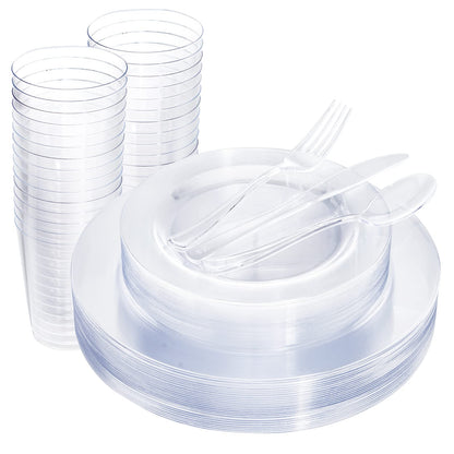 WDF 25 Guest Clear Plastic Plates with Clear Plastic Silverware - Clear Plates and Cups for Party include 25 Dinner Clear Plates, 25Salad Plates, 25Forks, 25Knives, 25 Spoons, 25Cups