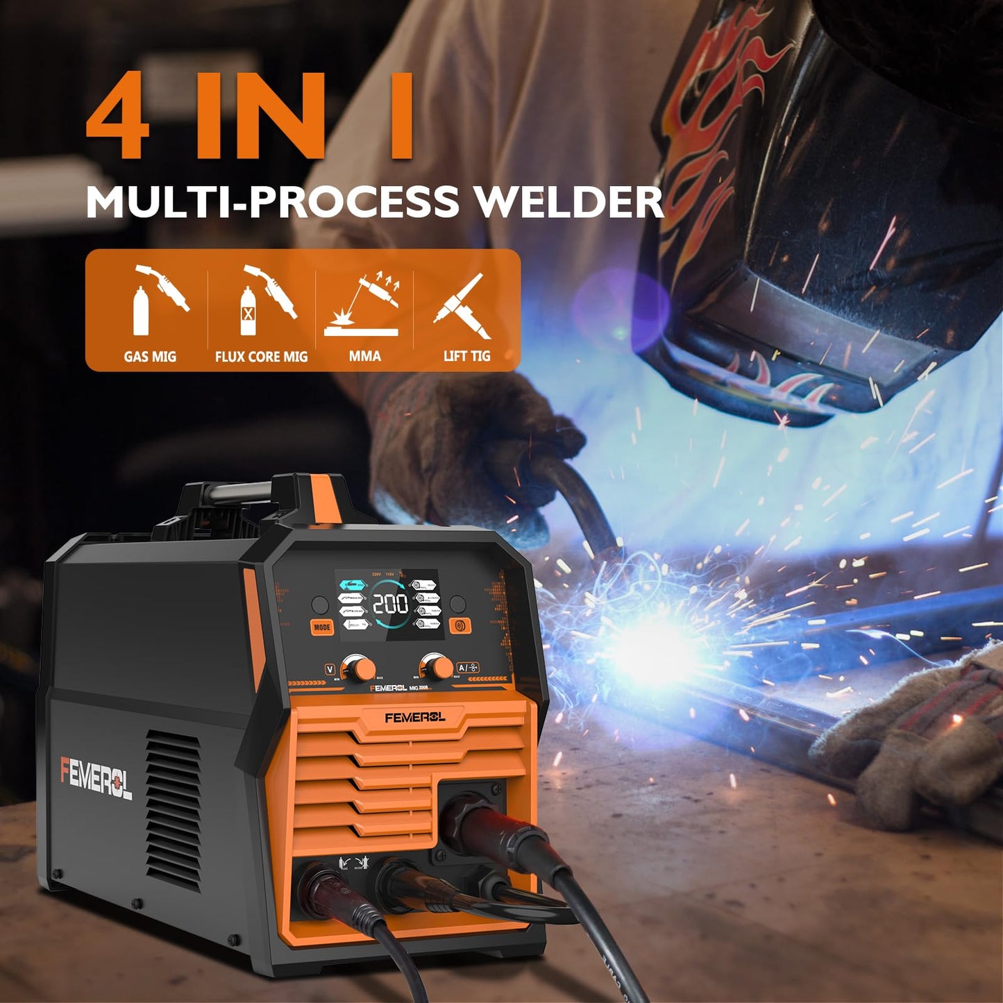 FEMEROL 200A MIG Welder,4 in 1 Gas MIG/Gasless Flux Core/Stick/Lift TIG Multi-process Welding Machine Large LED Display 110V/220V Multi Welder