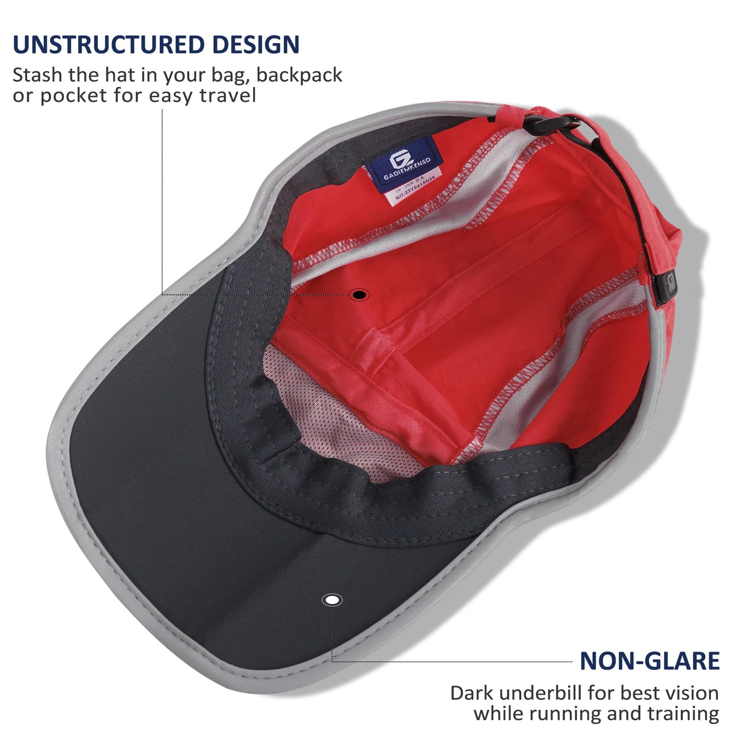 GADIEMKENSD Adjustable Quick Drying Reflective Foldable Running Cap Outdoor Sports Hat 50+ UPF Inhibit UV Mesh Race Performance Water Repellency Baseball Cap (Red)