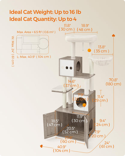 Feandrea Cat Tree with Litter Box Enclosure, 2-in-1 Modern Cat Tower, 70.8-Inch Tall Cat Condo with Scratching Posts, Perch, Caves, Basket, Washable Cushions, Heather Greige UPCT116G01