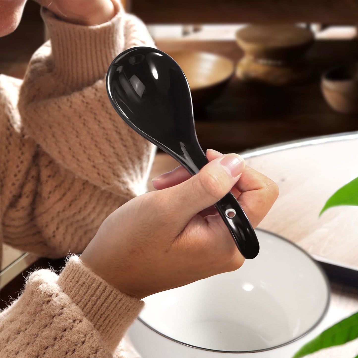 Wareland Black Ceramic Soup Spoons Set, 6.75 inch Deep Oval Hook Design, Dishwasher Safe - Perfect for Ramen, Pho, Noodles, Stews, Wonton, Dumpling, Miso