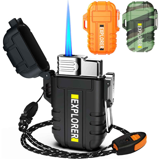 Waterproof Butane Torch Lighter Refillable Windproof Jet Flame Lighters for Fireplace Fireworks Grill Camping BBQ Lighter, Black(Without Gas)