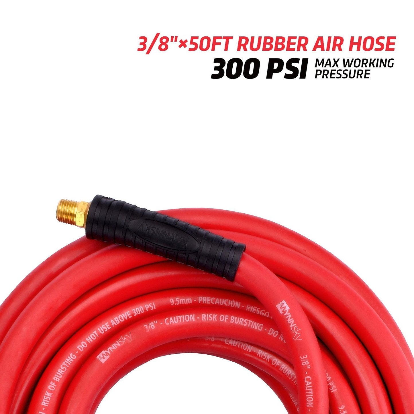 WYNNsky Rubber Air Hose,50-Feet x 3/8-Inch, 300 PSI, Red Heavy Duty Air Compressor Hose With Double 1/4" MNPT Brass Endings