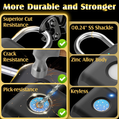 Fingerprint Padlock, Pothunder Smart Padlock, Locker Lock, Fingerprint Lock with APP Unlock, USB Rechargeable, Suitable for Gym Locker, Door(Black)