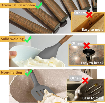 Umite Chef Silicone Cooking Utensil Set, 8-Piece Kitchen Utensils Set with Natural Acacia Wooden Handles,Food-Grade-Silicone Kitchen Gadgets and Spatula Set for Nonstick Cookware - Grey
