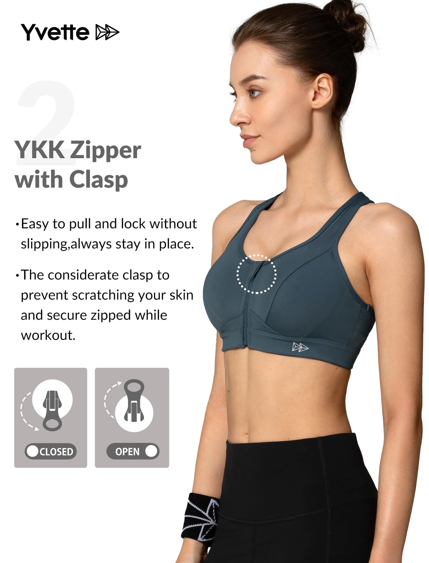 Yvette Zip Front Sports Bra - High Impact Sports Bras for Women Plus Size Workout Fitness Running,Haze Blue,M