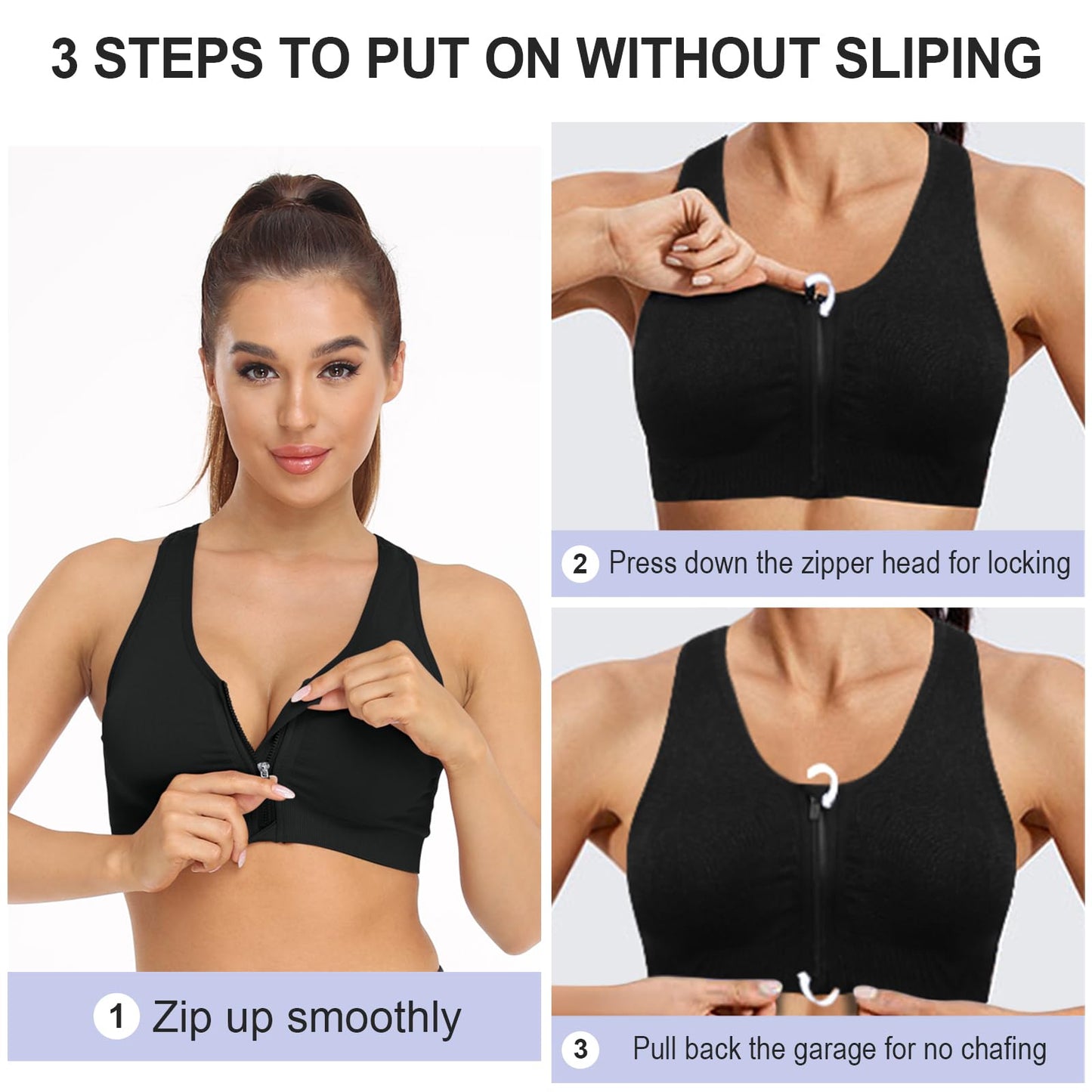 Women's Zip Front Sports Bra - Wireless, Padded, Post-Surgery, Racerback, Workout & Yoga Bra Top 2 Pack
