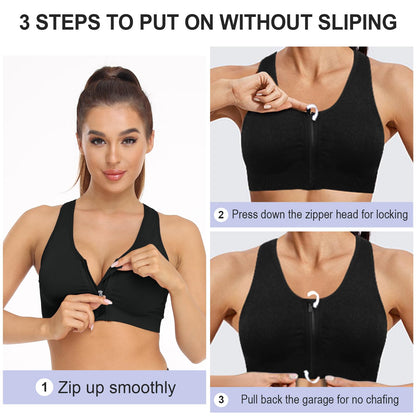 Women's Zip Front Sports Bra - Wireless, Padded, Post-Surgery, Racerback, Workout & Yoga Bra Top 2 Pack