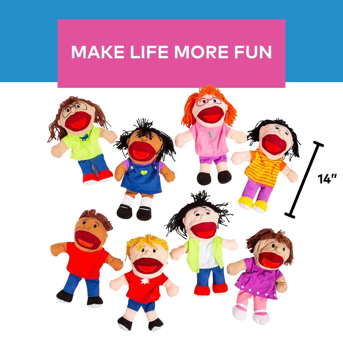 Fun Express 14" Happy Kids Stuffed Hand Puppets with Movable Mouths - 8 Puppets - Multicultural - Great for School and Home