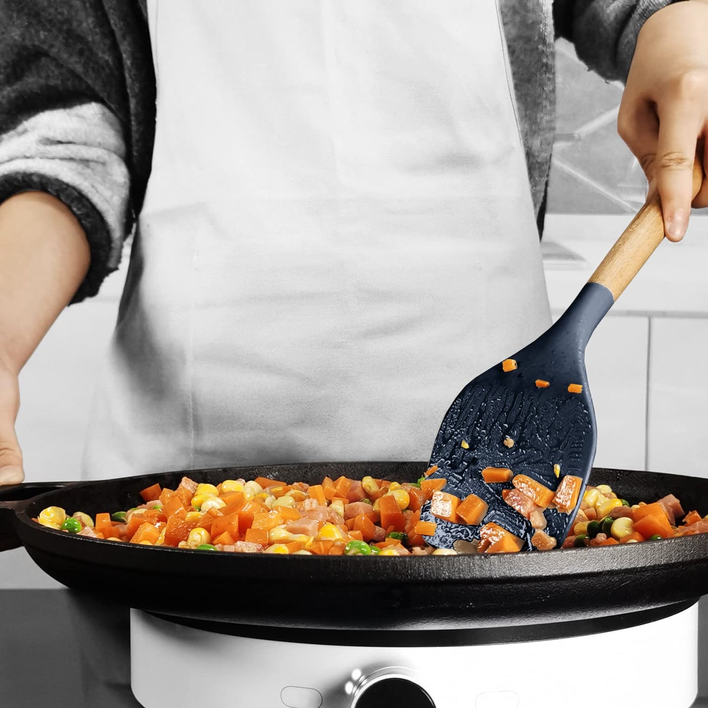 Silicone Cooking Utensils Set - 446°F Heat Resistant Silicone Kitchen Utensils for Cooking,Kitchen Utensil Spatula Set w Wooden Handles and Holder, BPA FREE Gadgets for Non-Stick Cookware (Navy Blue)