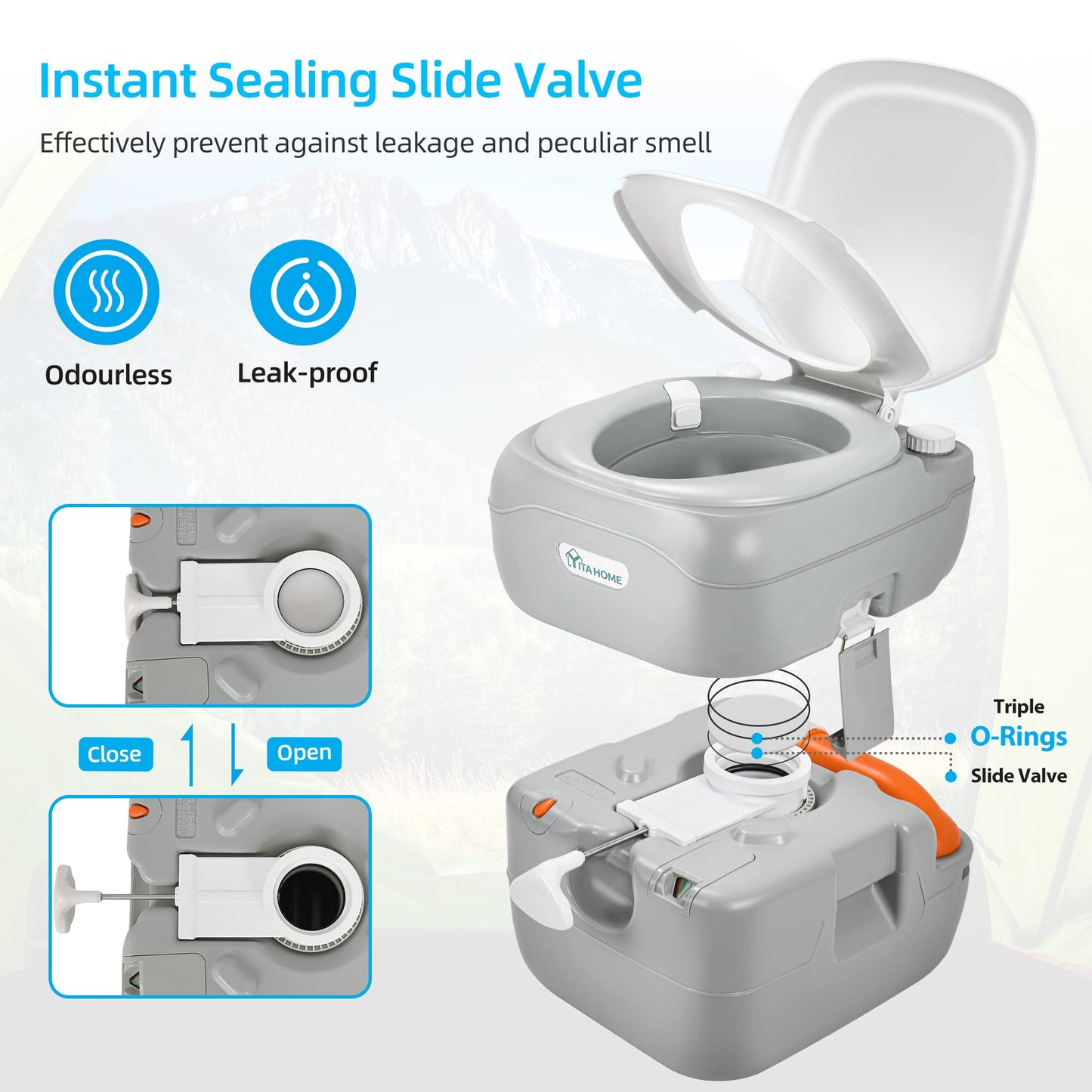 YITAHOME Portable Toilet Camping Porta Potty 5.8 Gallon with Carry Bag and Hand Sprayer, Leak-Proof Indoor Outdoor Toilet with Level Indicator, Handle Pump, for RV Travel, Boat and Trips