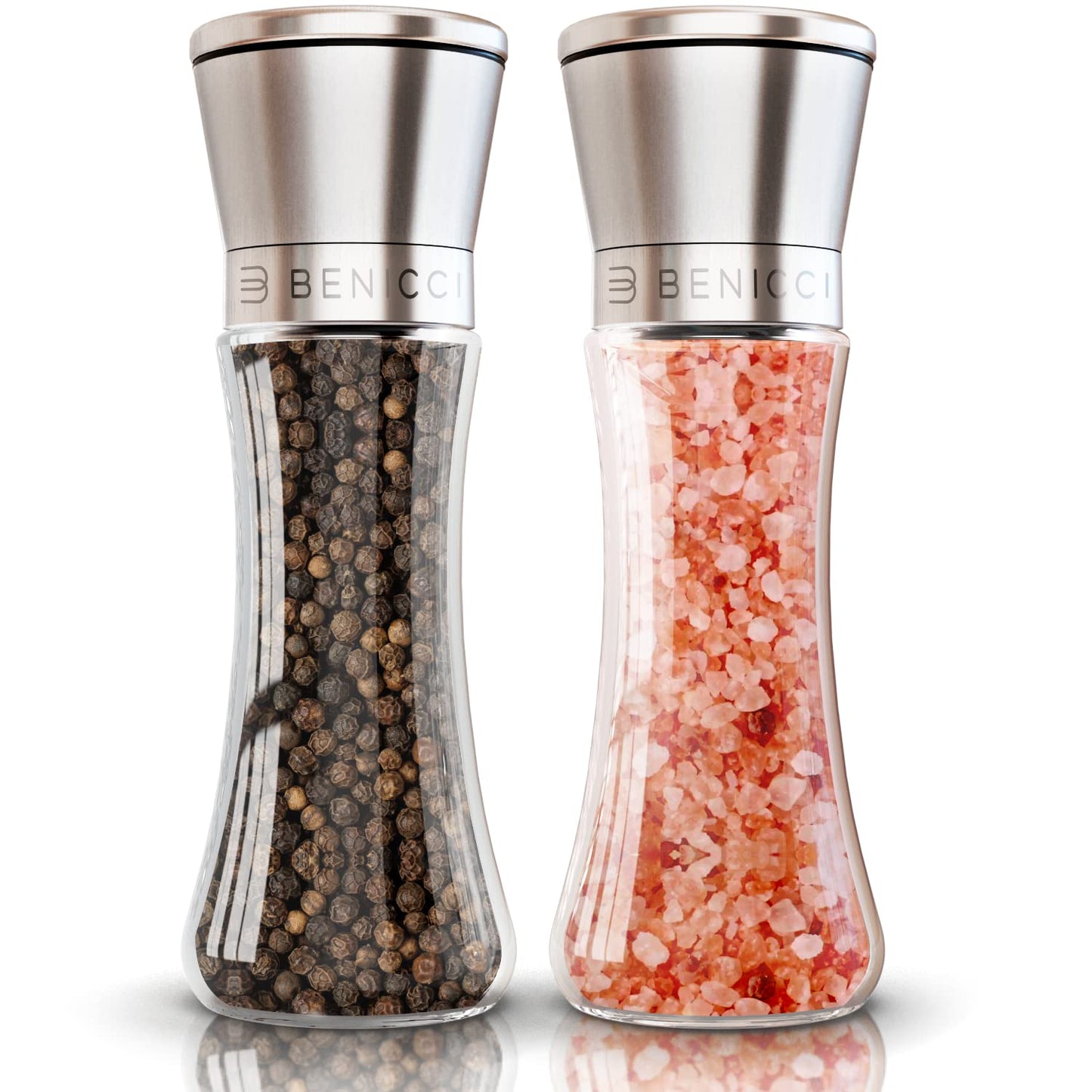 Premium Salt and Pepper Grinder Set of 2 - Two Refillable Stainless Steel Sea Salt & Spice Shakers with Adjustable Coarse Mills - Easy Clean Ceramic Grinders w/BONUS Silicone Funnel & Cleaning Brush