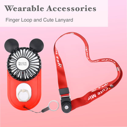 DecoLife Cute Handheld Mini USB Fan, Rechargeable Portable Fan, 3 Adjustable Speeds and Wearable Accessories, Pocket Size for Indoor Or Outdoor Activities (Red)