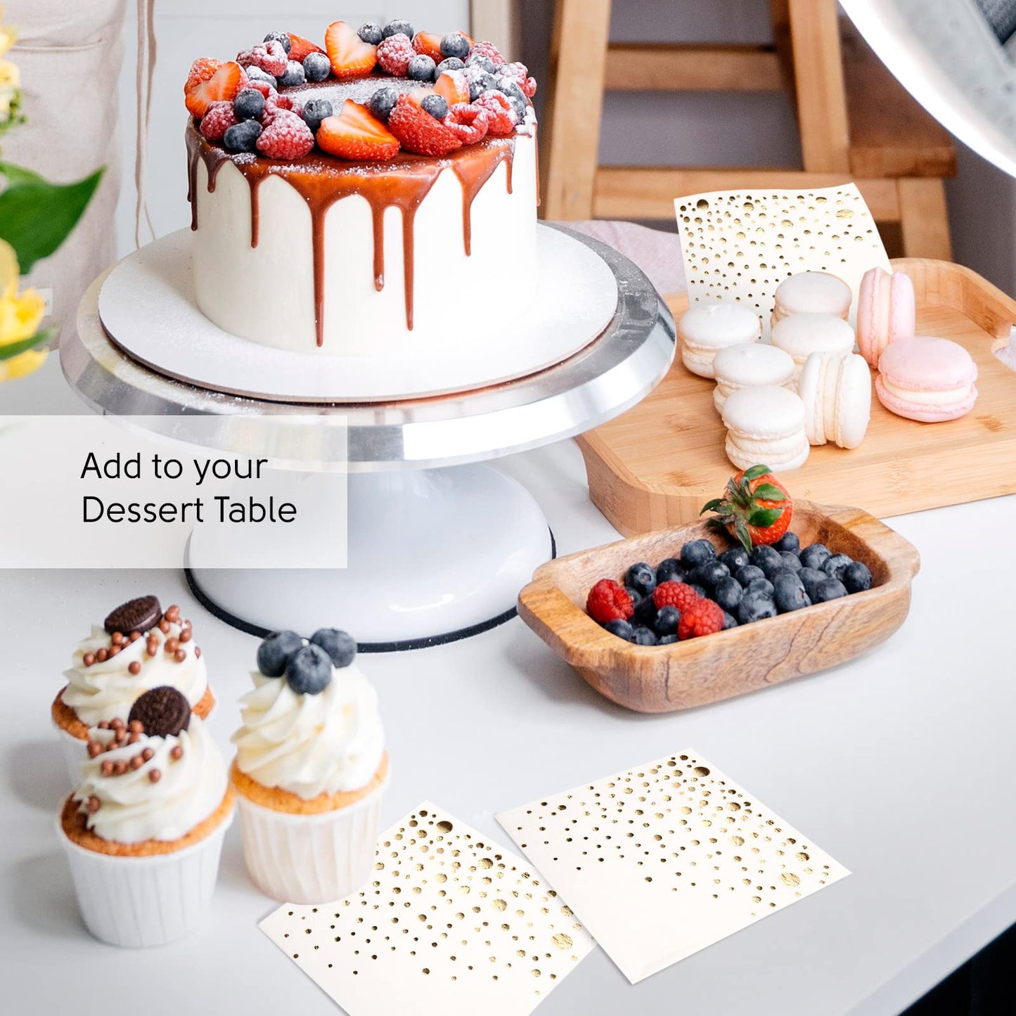 Stylish Gold Cocktail Napkins, 100 Disposable Party Napkins, Gold Dessert Napkins, 3-Ply, 5x5 Inch White and Gold Napkins, Disposable Wedding Cocktail Napkins, Party, Shower or Gold Beverage Napkins