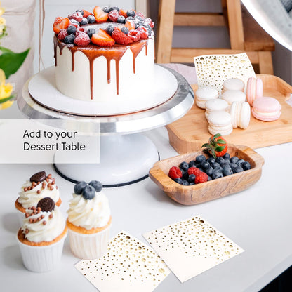 Stylish Gold Cocktail Napkins, 100 Disposable Party Napkins, Gold Dessert Napkins, 3-Ply, 5x5 Inch White and Gold Napkins, Disposable Wedding Cocktail Napkins, Party, Shower or Gold Beverage Napkins