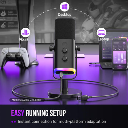 FIFINE USB/XLR Dynamic Microphone for Podcast Recording, PC Computer Gaming Streaming Mic with RGB Light, Mute Button, Headphones Jack, Desktop Stand, Vocal Mic for Singing YouTube-AmpliGame AM8