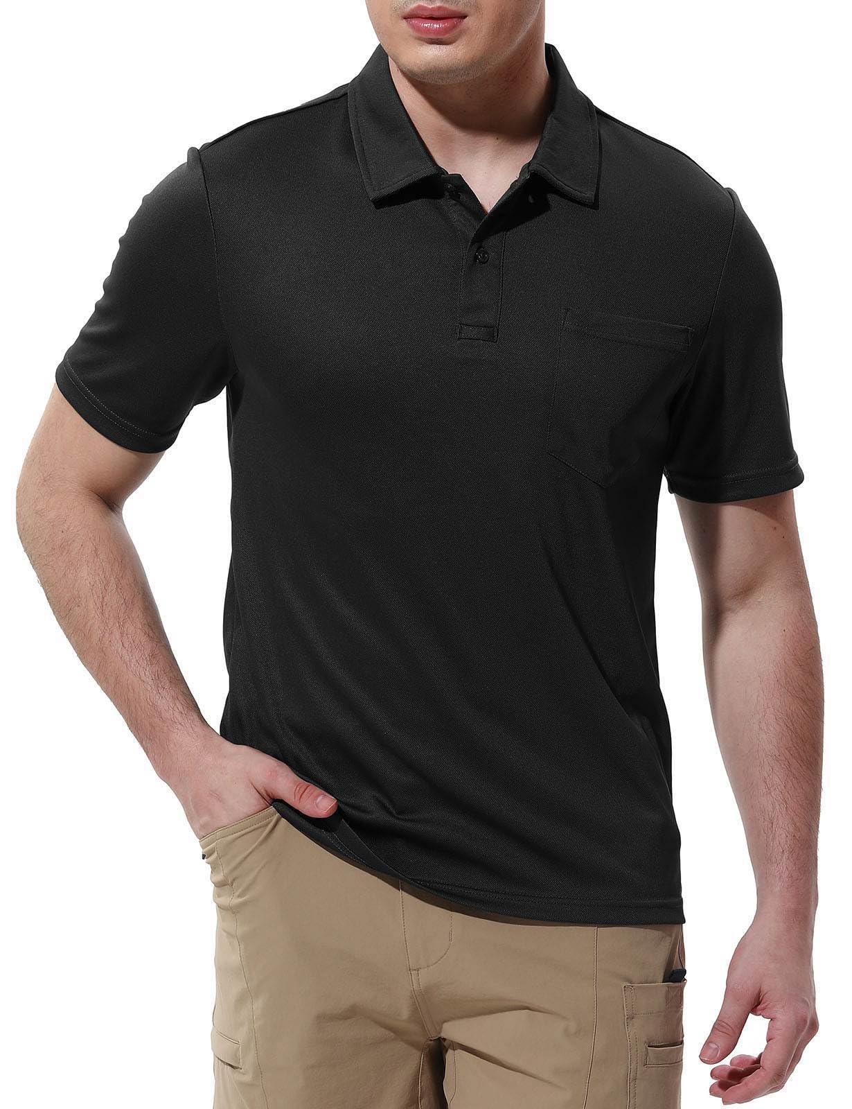 Rdruko Men's Polo Shirts Short Sleeve Quick Dry Outdoor Golf Sports Shirts with Pocket(Black, US M)