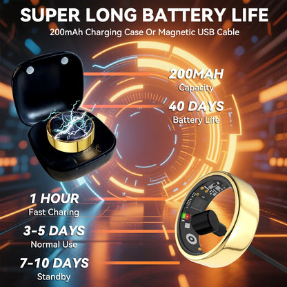 Smart Ring for Men Women with Black Charging Box, Bluetooth, Health Ring , IP68 Waterproof, Fitness Ring Tracks Heart Rate/Sleep/Steps/Sports Activities/Blood Oxygen,non-subscription app (Gold, 10)