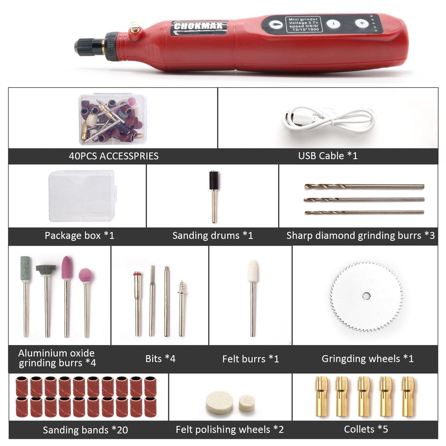 CHOKMAX Cordless Rotary Tool Kit, 3.7V Mini Grinder with 5 Variable Speed, Front LED Work Light, 42pcs Accessories Electric Multi-Tool for Polishing, Cleaning and Engraving