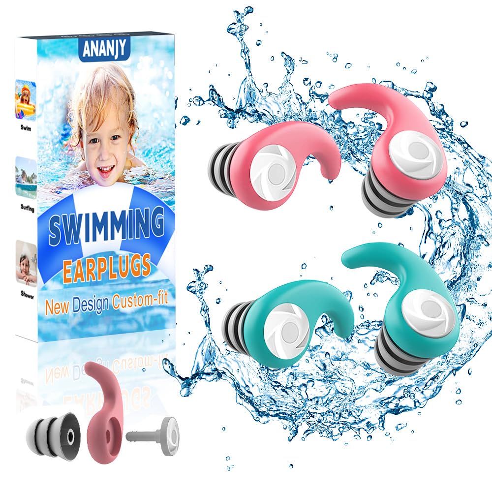 Waterproof Swimming Ear Plugs for Kids - 2 Pairs of Reusable Soft Silicone Swim Earplugs,Ear Protection for Children (4-12 Years Old) - Ideal for Surfing, Diving, Pool, Showering, and Water Sports