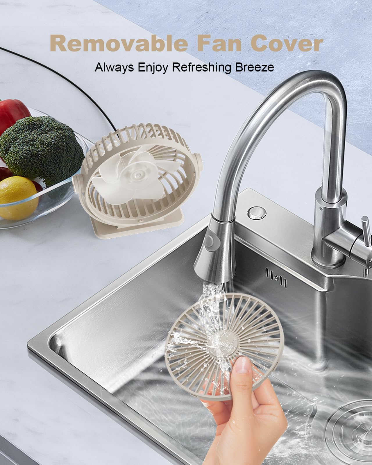 TriPole USB Desk Fan Small Portable Personal Fan, 3 Speeds Adjustable Strong Breeze Mini Electric Fan, 360° Rotation Quiet Plug In USB Fan for Desktop Bedroom Office Table Travel Cruise, Beige, 4.5in