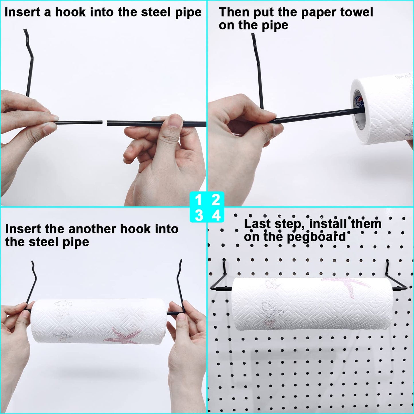 5 Pack Extendable Pegboard Paper Towel Holder,Pegboard Hook for Workshop,Garage,Kitchen,Laundry Room,Bathroom etc.