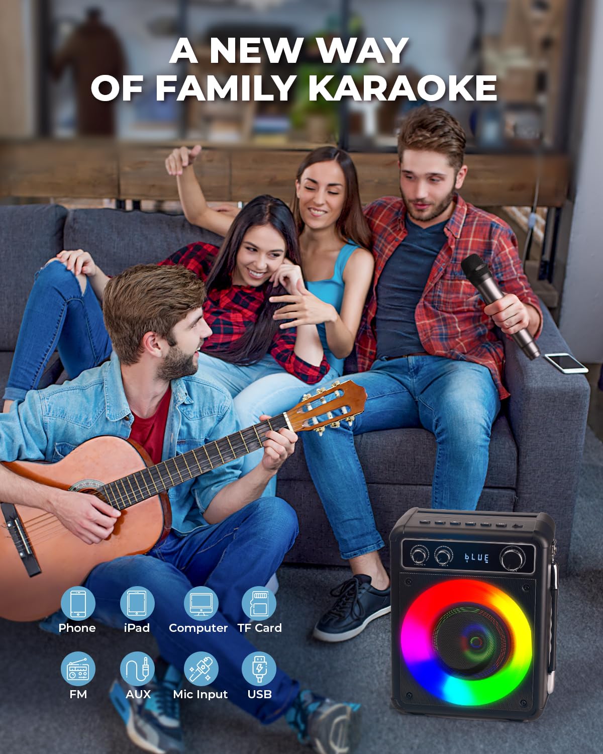 VOSOCO Karaoke Machine, Portable Bluetooth Karaoke Speaker with 2 Wireless Microphones, PA System for Adults Kids with LED Lights, Supports FM/AUX/USB/TF for Home Party