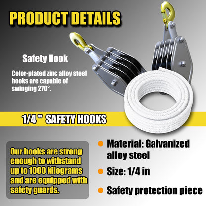 FITHOIST Block and Tackle 4400LBS Breaking Strength Heavy Duty Pulley, 65 Ft Rope Pulley, 7:1 Lifting Power Pulley System, Pulley Hoist with 2 Pcs 8 Ft Lift Sling