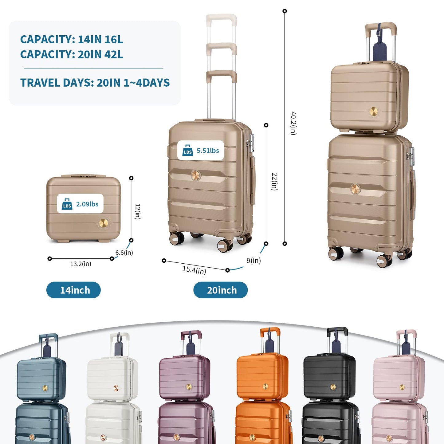 Somago 20" Carry On Luggage and 14" Mini Cosmetic Cases Travel Set Spinner Lightweight Polypropylene Suitcase with TSA Lock YKK Zipper Hardside Luggage Sets 2 Piece (Noble Golden, 2-Piece Set (14/20))