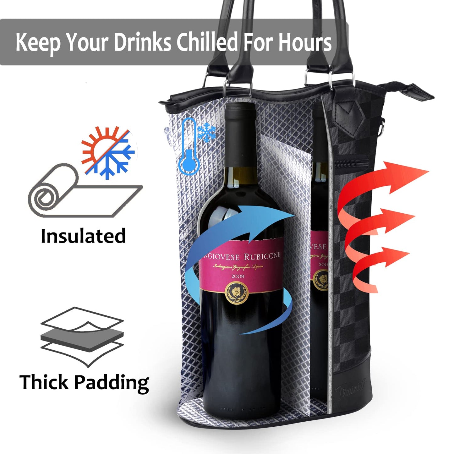 Tirrinia Insulated Wine Gift Carrier Tote - Travel Padded 2 Bottle Wine/Champagne Cooler Bag for Portable Wine Bottle Carrying Case, Women Men Wine Party Bag for Event,BYOB,Beach, Gift for Wine
