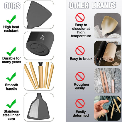 Umite Chef Silicone Kitchen Utensil Set, 34PCS Heat Resistant Kitchen Gadgets and Tools With Grater, Wood Handles for Nonstick Cookware (Dark Gray)