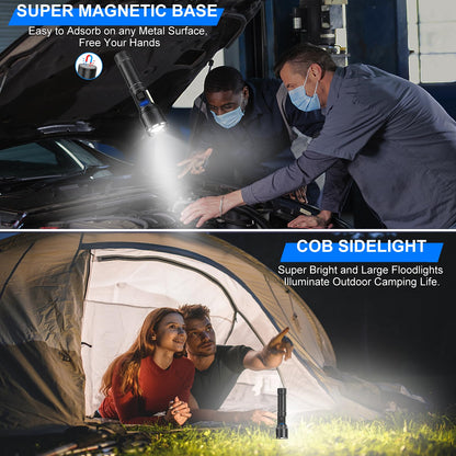 Rechargeable Magnetic Flashlights High Lumens, Super Bright LED Powerful Flashlight 8 Modes with COB Work Light, Waterproof Handheld Flash Light for Camping (2 Pack with Paper Box, Black)
