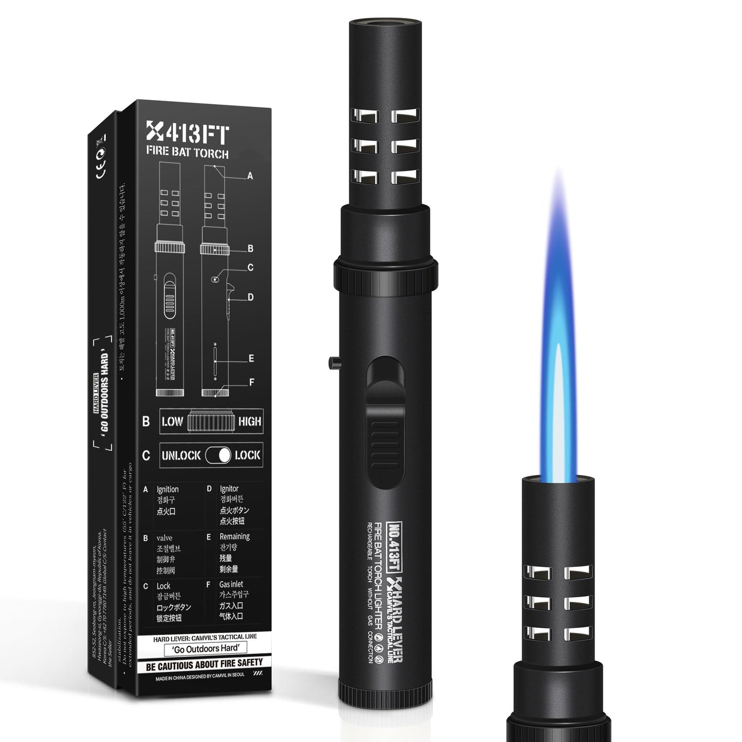 Camping Torch Lighter, Windproof Butane Torch Lighter with Fuel Indicator&Safety Lock, Refillable Butane Lighter with Adjustable Jet Flame for Outdoor Adventure Hiking Candles BBQ Campfires (Black)