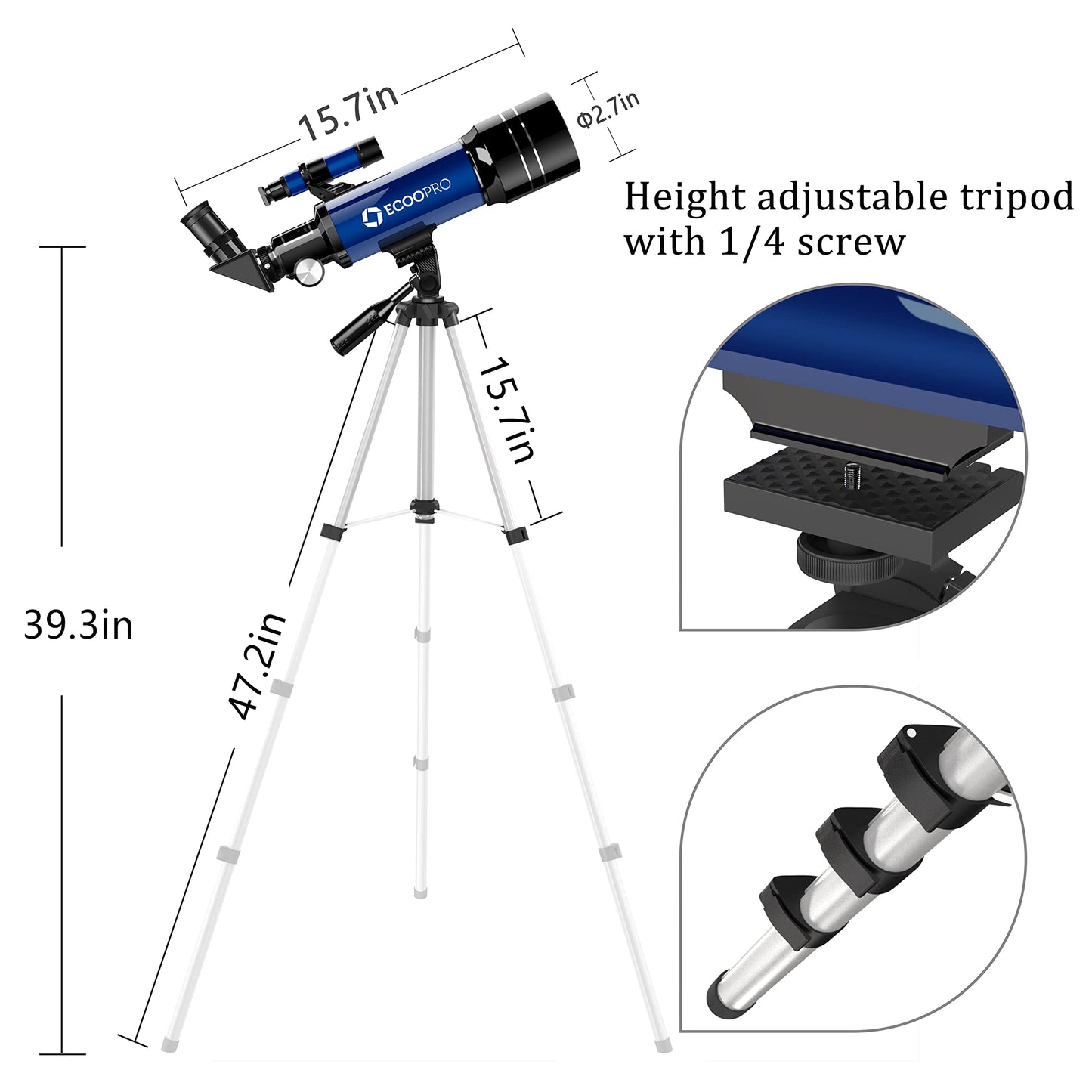 Telescope for Kids & Adults Beginners, 70mm Astronomy Refractor Telescope with Adjustable Tripod, Portable Telescope for Moon & Planet Viewing, Includes 2 Eyepieces & Finder Scope