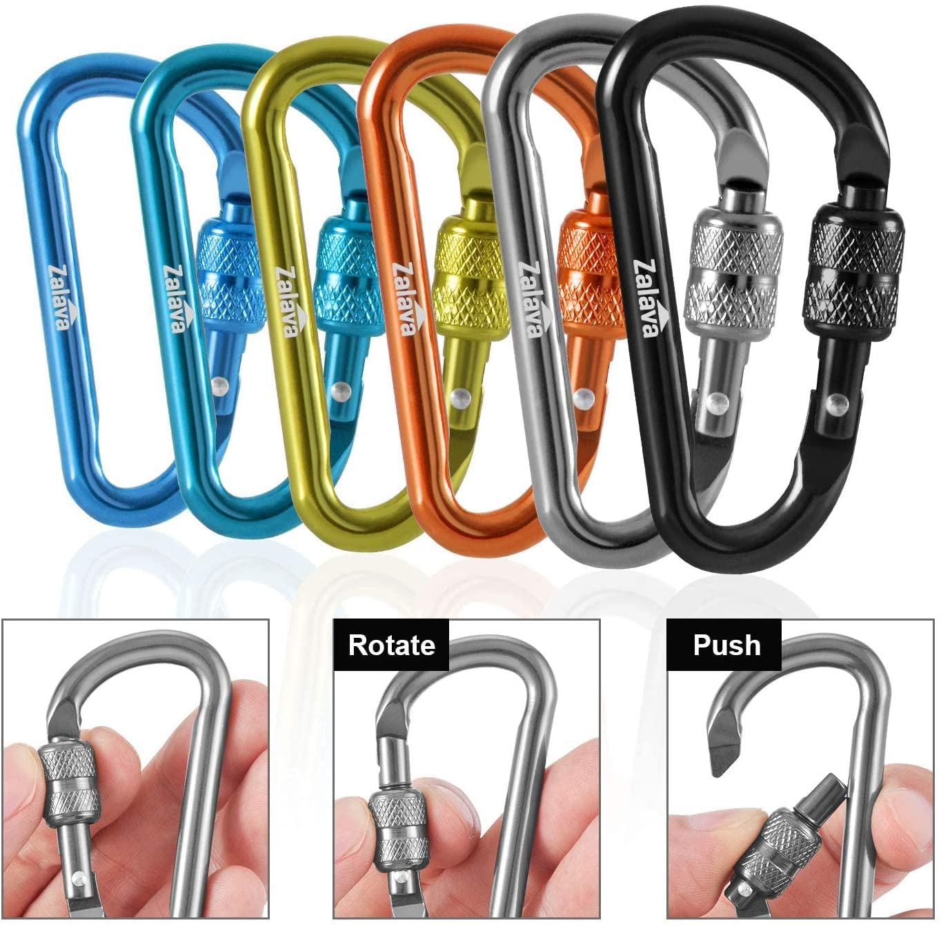 Zalava 6pcs 2”D-Clip Durable Locking Carabiner Keychain Clip with Hook