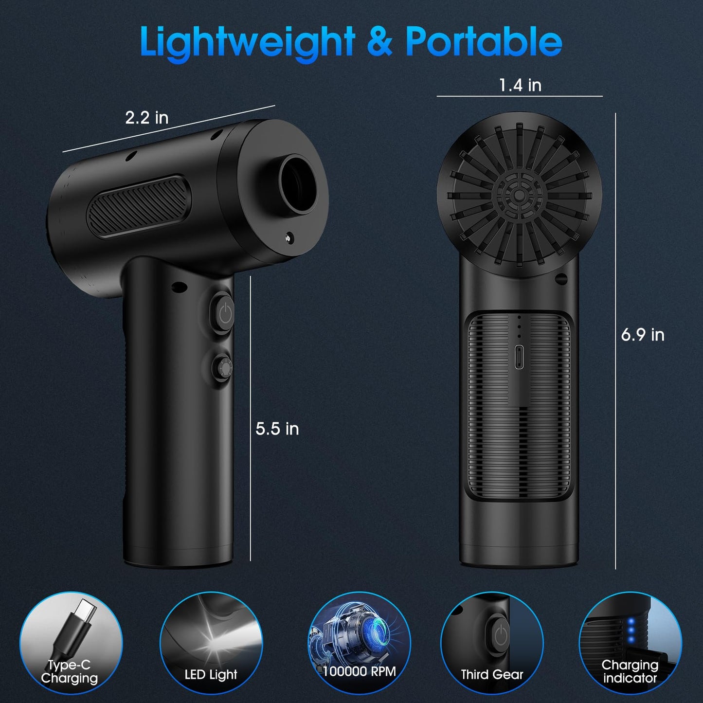 Compressed Air Duster, 100000RPM Handheld Car Vacuum/Air Blower& Pump, 3 Gear Adjustable Electric Air Duster/Car Vacuum Cleaner, Keyboard Duster with LED Light-10 Kits Air Blower for Computer(Black)