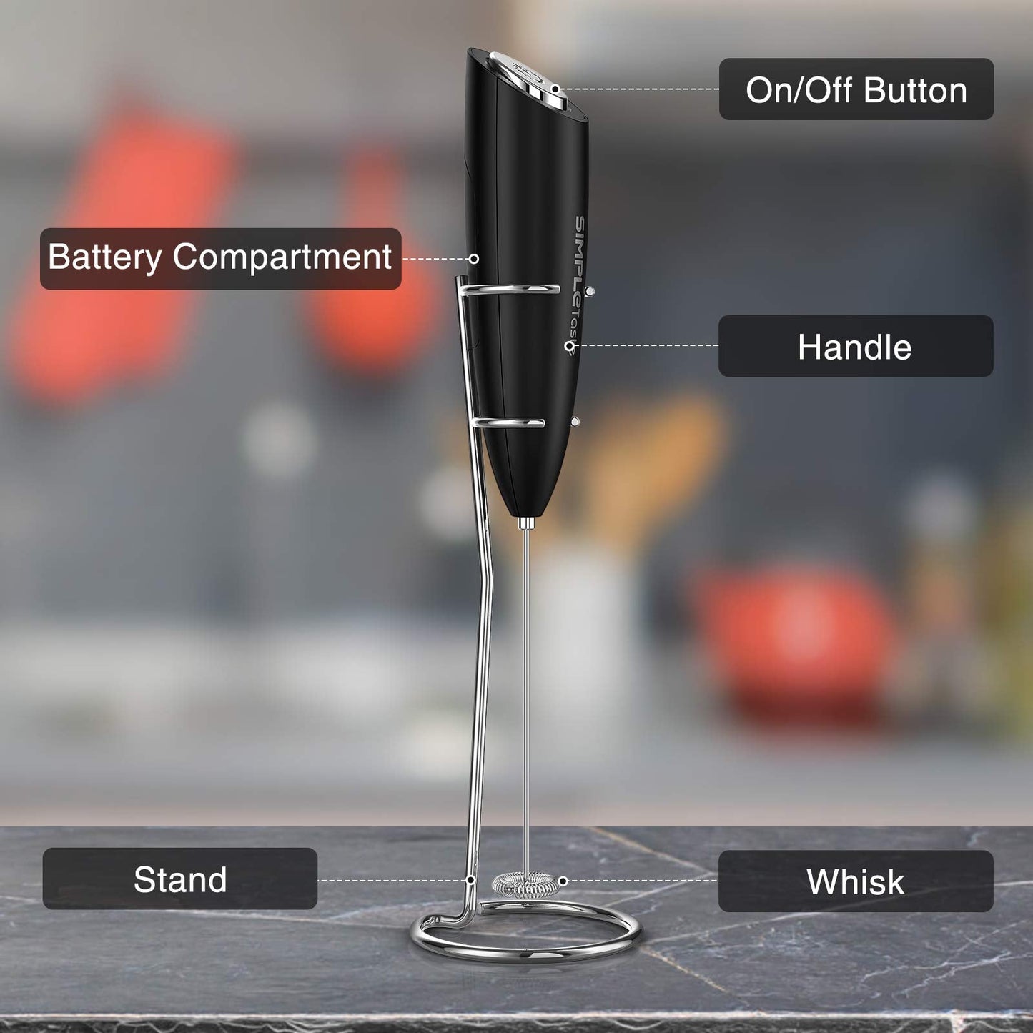 SIMPLETaste Milk Frother Handheld Battery Operated Electric Foam Maker, Drink Mixer with Stainless Steel Whisk and Stand for Cappuccino, Bulletproof Coffee, Latte